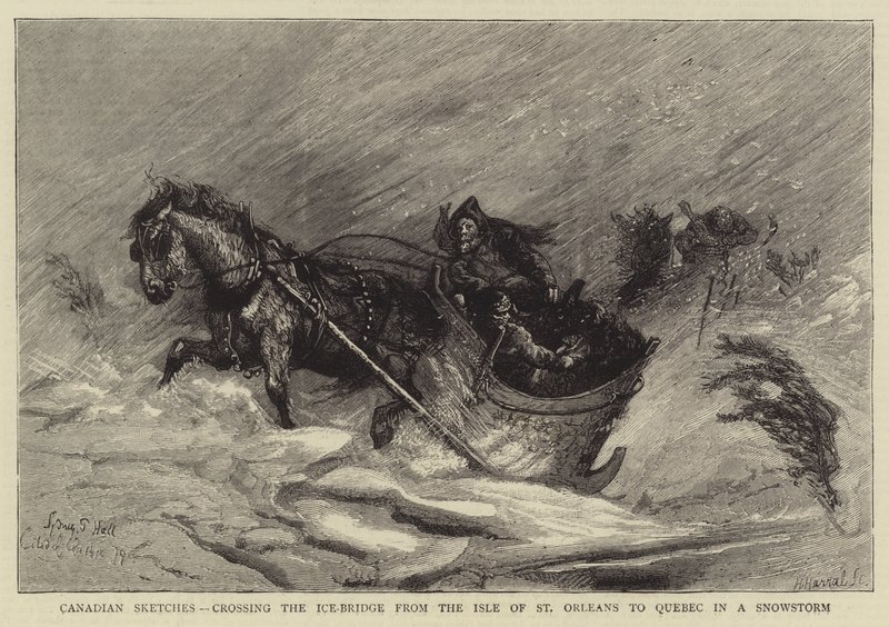Canadian Sketches, crossing the Ice-Bridge from the Isle of St Orleans to Quebec in a Snowstorm by Sydney Prior Hall