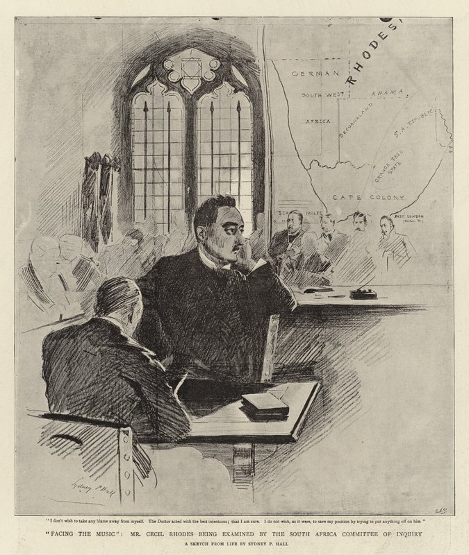 Facing the Music, Mr. Cecil Rhodes being examined by the South Africa Committee of Inquiry by Sydney Prior Hall
