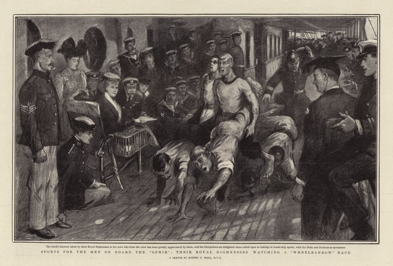 Sports for the Men on Board the Ophir, their Royal Highnesses watching a Wheelbarrow Race by Sydney Prior Hall