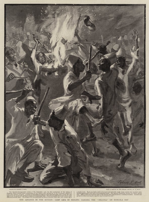 The Advance in the Soudan, Camp Life in Merawi, Dancing the Dilluka on Dongola Day by Sydney Prior Hall