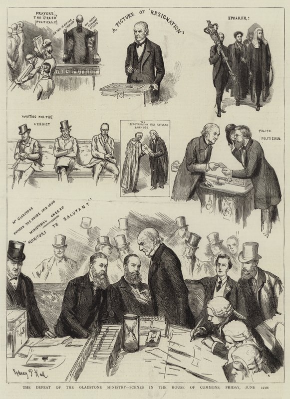 The Defeat of the Gladstone Ministry, Scenes in the House of Commons, Friday, 12th June by Sydney Prior Hall