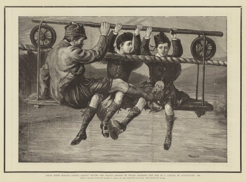 The First Voyage, Prince Albert Victor and Prince George of Wales Crossing the Dee in a Cradle at Abergeldie by Sydney Prior Hall