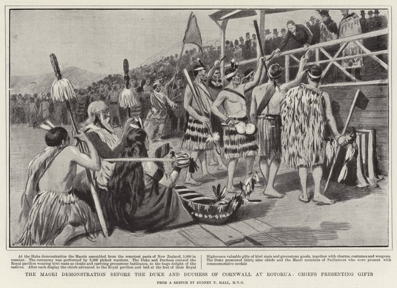 The Maori Demonstration Before the Duke and Duchess of Cornwall at Rotorua, Chiefs Presenting Gifts by Sydney Prior Hall