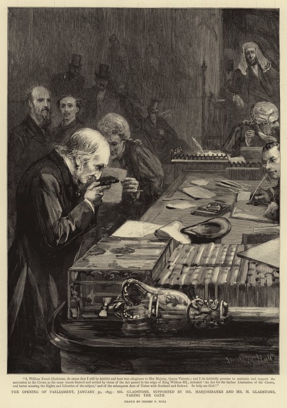 The Opening of Parliament, 31 January 1893, Mr Gladstone, Supported by Mr Marjoribanks and Mr H Gladstone, Taking the Oath by Sydney Prior Hall