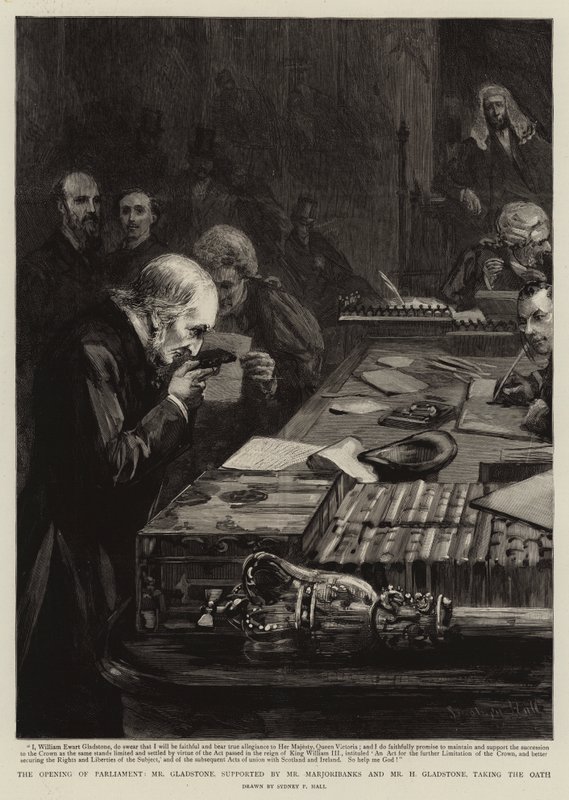 The Opening of Parliament, Mr Gladstone, supported by Mr Marjoribanks and Mr H Gladstone, taking the Oath by Sydney Prior Hall