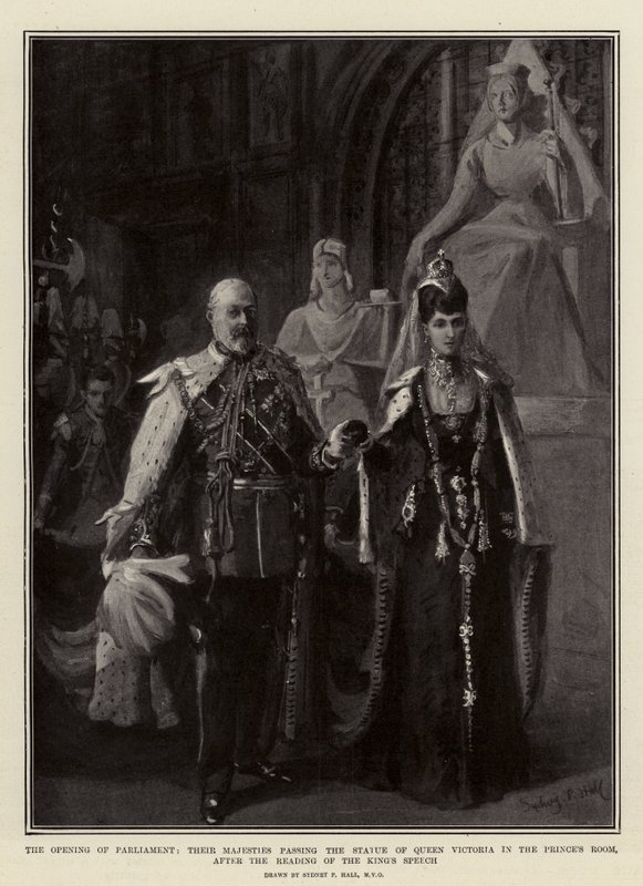 The Opening of Parliament, Their Majesties passing the Statue of Queen Victoria in the Prince