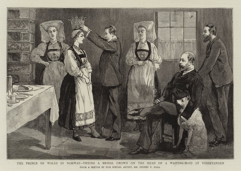 The Prince of Wales in Norway, trying a Bridal Crown on the Head of a Waiting-Maid at Vossevangen by Sydney Prior Hall