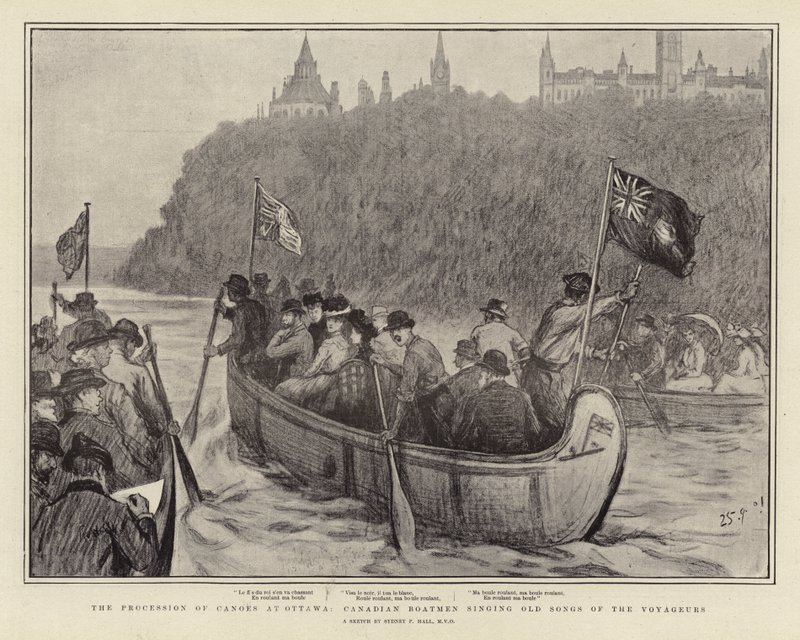 The Procession of Canoes at Ottawa, Canadian Boatmen Singing Old Songs of the Voyageurs by Sydney Prior Hall