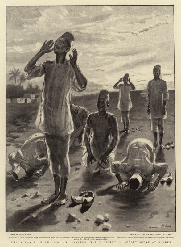 The advance in the Soudan, Prayers in the Desert, a Sunset Scene at Berber by Sydney Prior Hall