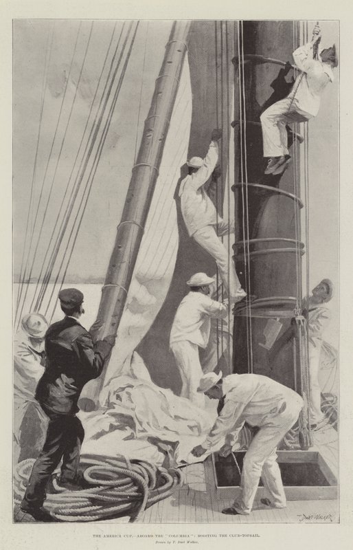 The America Cup, Aboard the Columbia, hoisting the Club-Topsail by T. Dart Walker