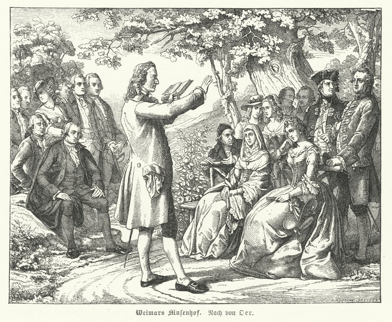 The Weimar Court of the Muses: German poet and playwright Friedrich Schiller reading at Schloss Tiefurt, with Christoph Martin Wieland, Johann Wolfgang Goethe and Johann Gottfried Herder among those listening by Theobald Reinhold von Oer