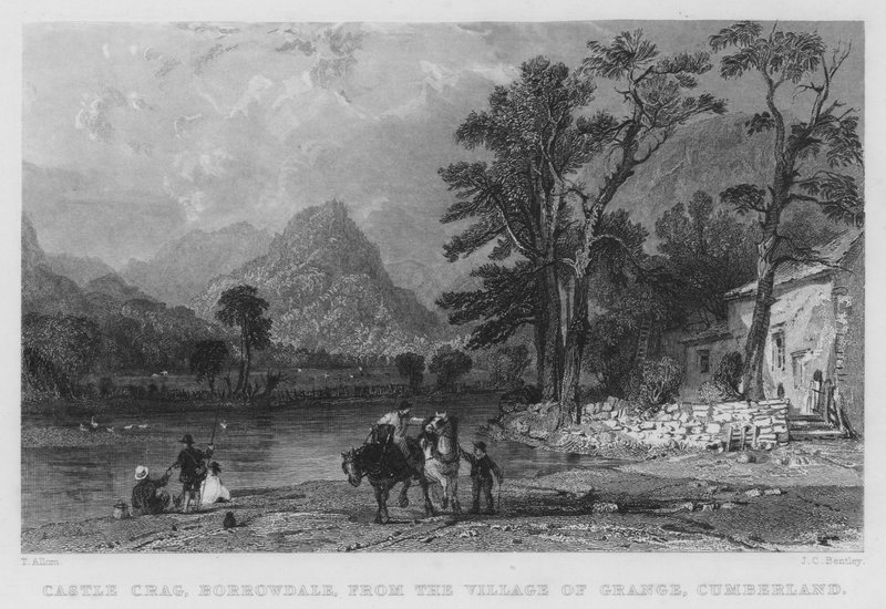 Castle Crag, Borrowdale, from the Village of Grange, Cumberland by Thomas (after) Allom
