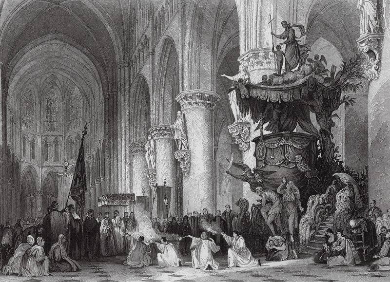 Cathedral of St Gudule, with celebrated Carved Pulpit, Brussels by Thomas (after) Allom