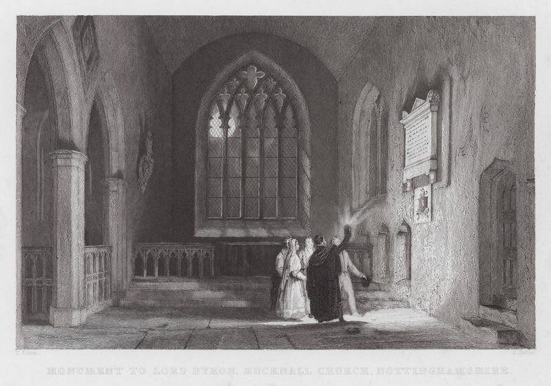 Monument to Lord Byron, Hucknall Church, Nottinghamshire (engraving) by Thomas (after) Allom