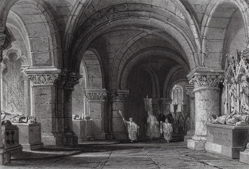 Tombs of the Kings in the Crypt of St Denis by Thomas (after) Allom