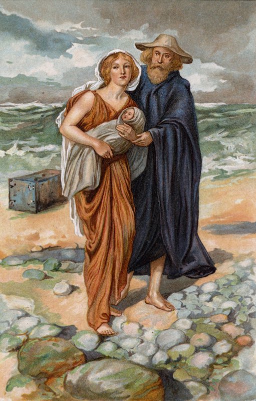 So Danae was comforted, and went home with Dictys the good fisherman by Thomas Heath Robinson