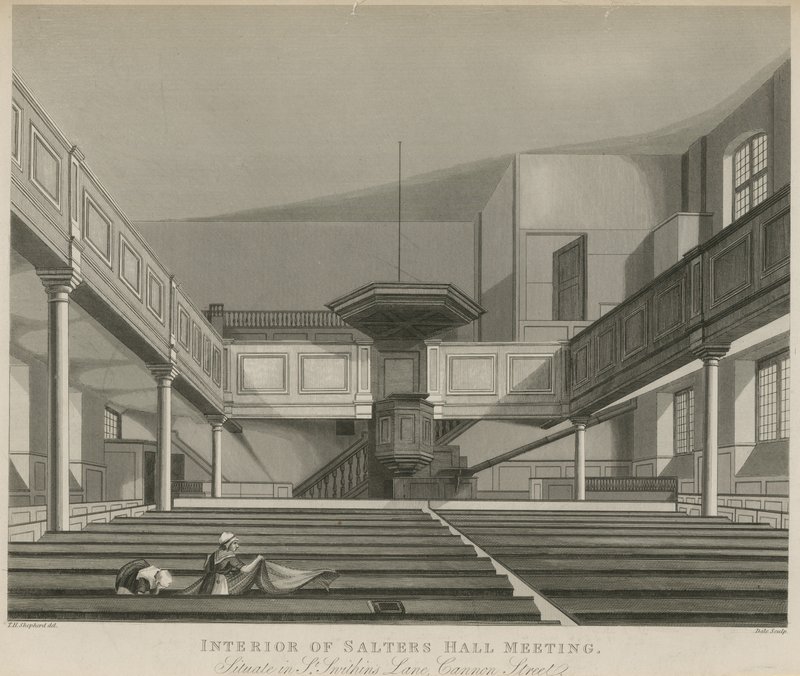 Interior of Salters Hall Meeting, situated in St Swithins Lane, Cannon Street, London by Thomas Hosmer Shepherd