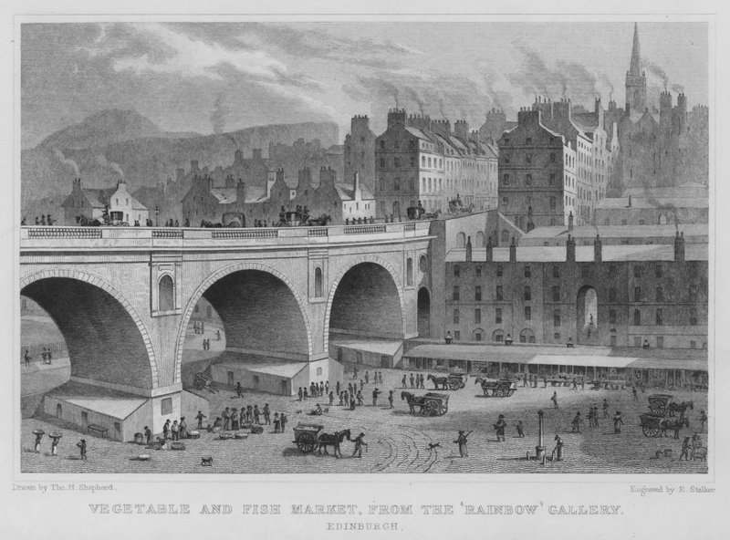 Vegetable and Fish Market, from the Rainbow Gallery, Edinburgh by Thomas Hosmer Shepherd