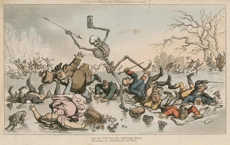 On frail ice, the whirring skate, Becomes an instrument of Fate by Thomas Rowlandson