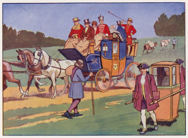 Coach-and-four, Sedan Chair, and Pack-Horses by Thomas William Holmes