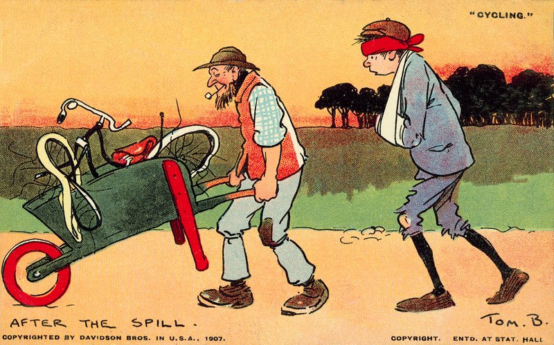 Injured cyclist and his battered bicycle after an accident by Tom Browne