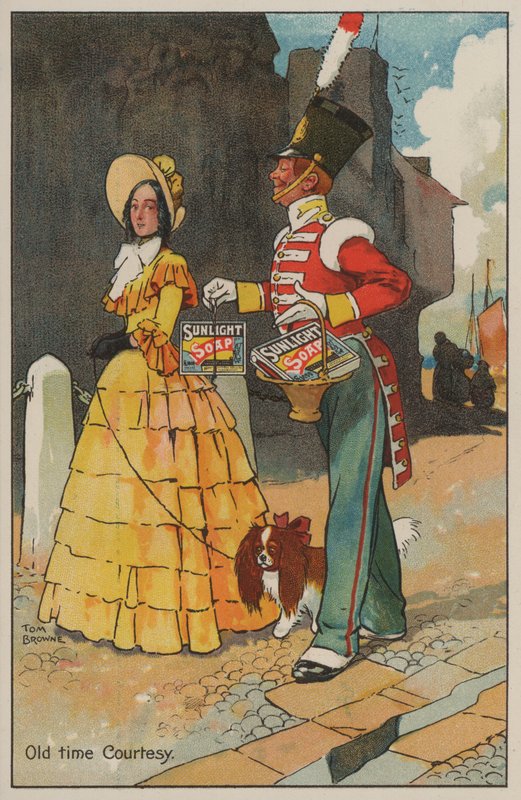 Soldier and woman in Georgian dress: advertisement for Sunlight soap by Tom Browne
