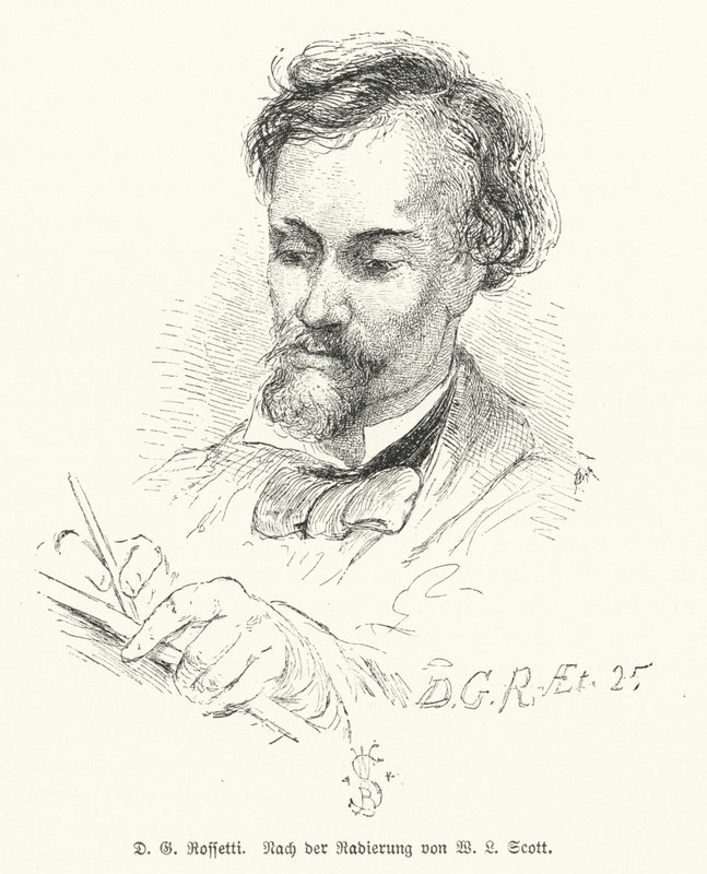 Dante Gabriel Rossetti, British poet, illustrator, painter and translator, one of the founders of the Pre-Raphaelite Brotherhood by W. Bell (after) Scott