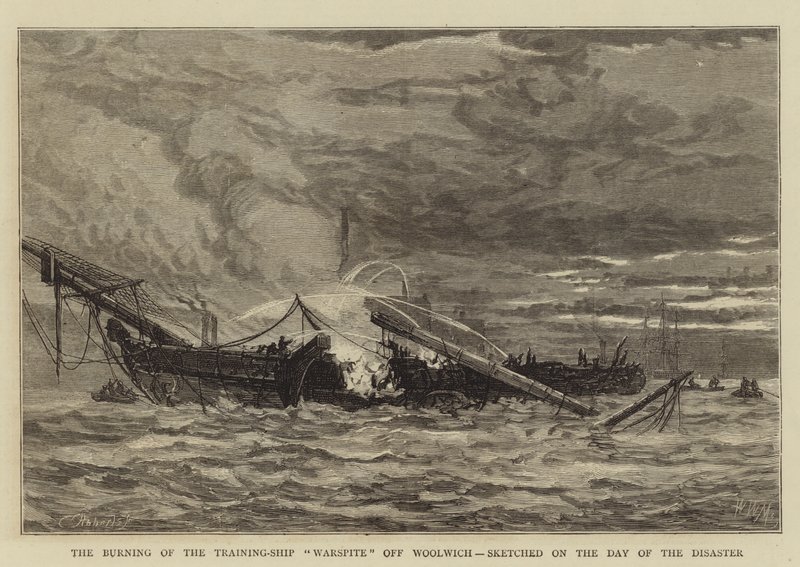 The Burning of the Training-Ship Warspite off Woolwich, Sketched on the Day of the Disaster by Walter William May