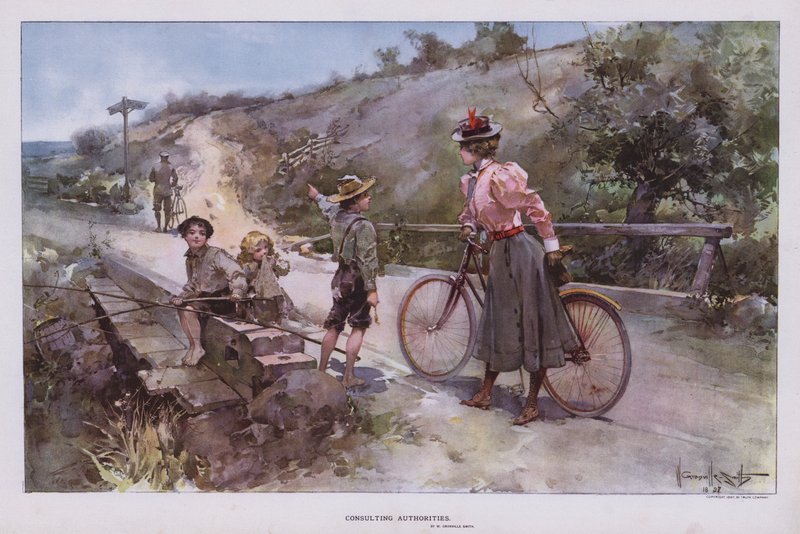 Consulting Authorities: woman out for a cycle ride asking a group of children for directions by Walter Granville Smith
