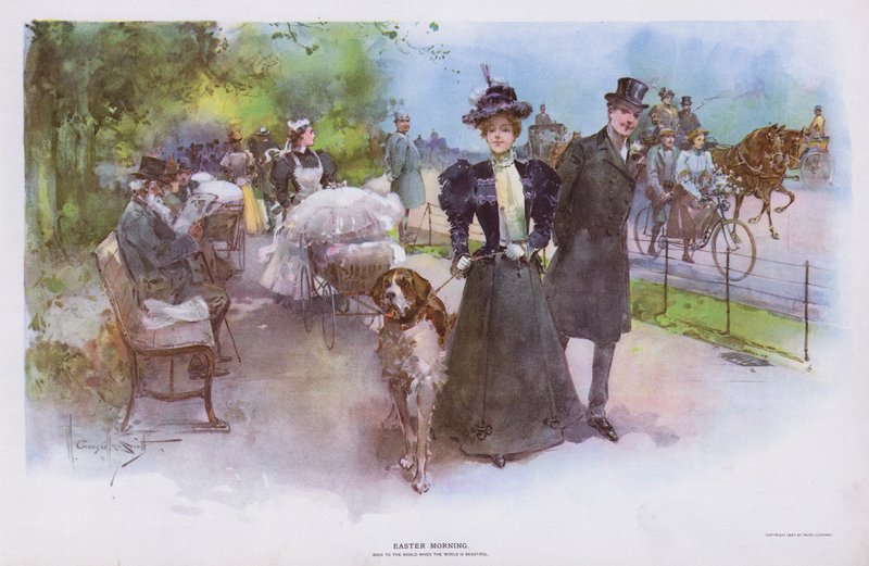 Easter Morning: woman promenading with her pet dog by Walter Granville Smith