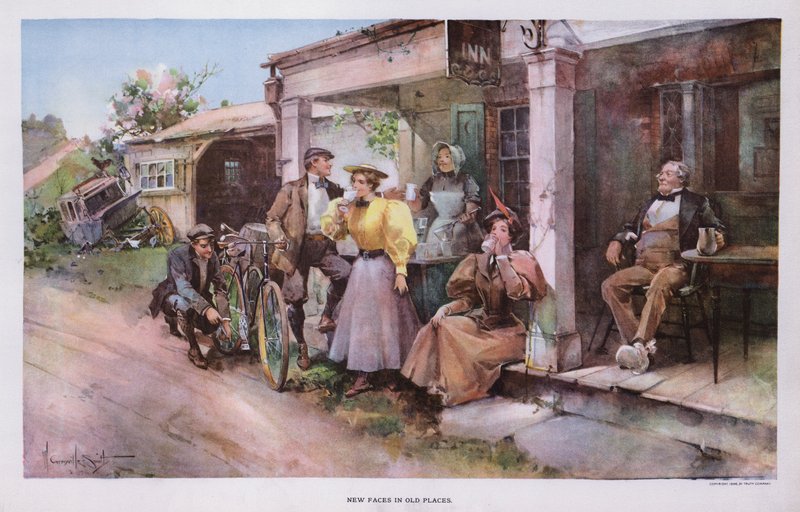 New Faces in Old Places: a group of cyclists taking refreshment at a roadside inn by Walter Granville Smith