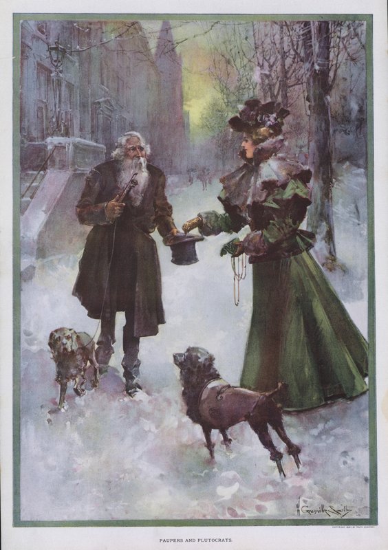 Paupers and Plutocrats: wealthy woman giving money to a poor man on a street in winter by Walter Granville Smith