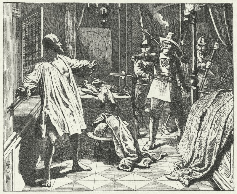 The murder of Albrecht von Wallenstein, Bohemian general in the army of the Holy Roman Empire in the Thirty Years War by Wilhelm Camphausen