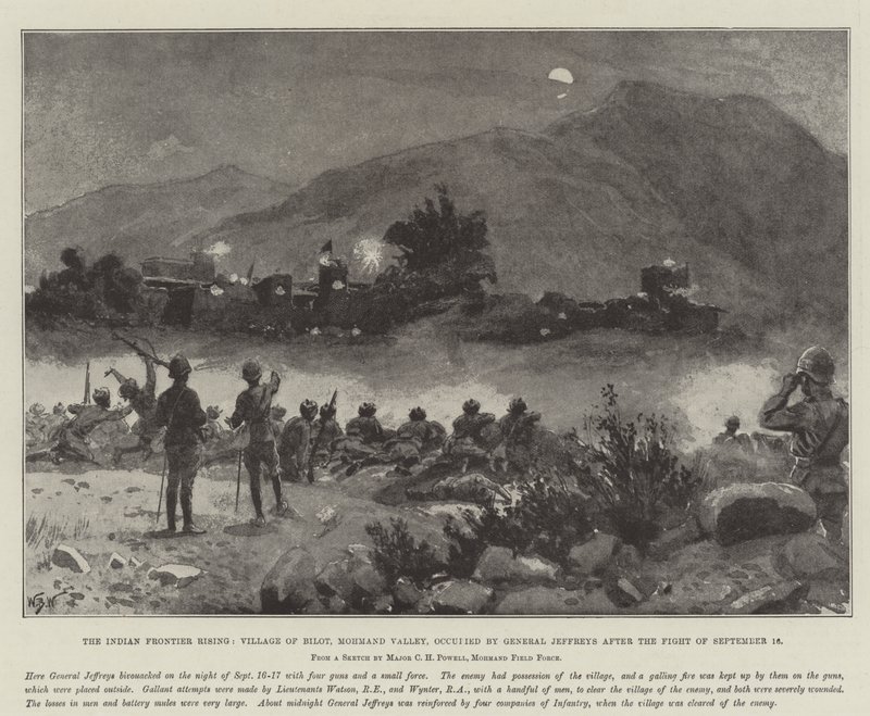 The Indian Frontier Rising, Village of Bilot, Mohmand Valley, Occupied by General Jeffreys after the Fight of 16 September by William Barnes Wollen
