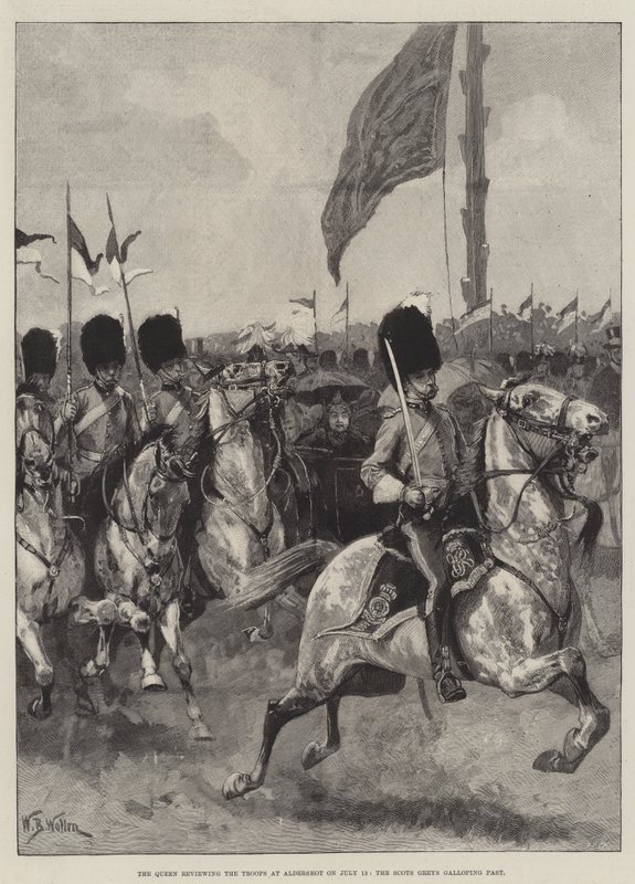 The Queen reviewing the Troops at Aldershot on 13 July, the Scots Greys galloping past by William Barnes Wollen