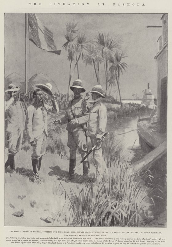 The Situation at Fashoda, the First Landing at Fashoda, Waiting for the Sirdar, Lord Edward Cecil Introducing Captain Keppel, of the Sultan, to Major Marchand by William Barnes Wollen