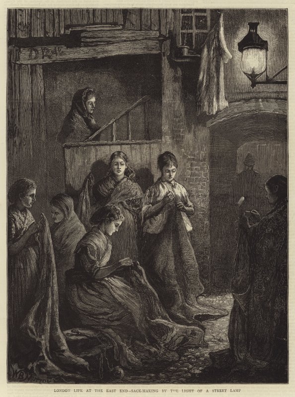London Life at the East End, Sack-Making by the Light of a Street Lamp by William Bazett Murray