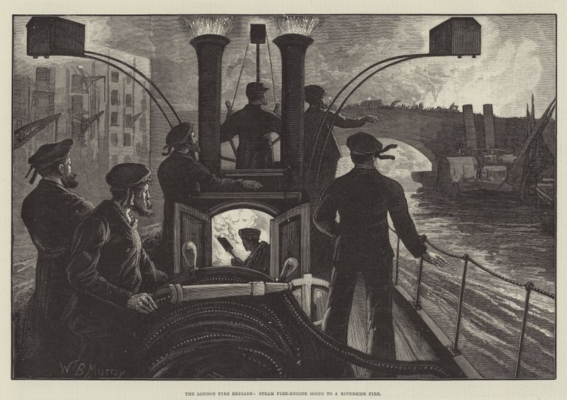 The London Fire Brigade, Steam Fire-Engine Going to a Riverside Fire by William Bazett Murray