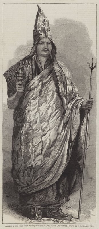 A Lama of the Dalai Sect, Tibet, with his Praying-Wheel and Trident by William Carpenter