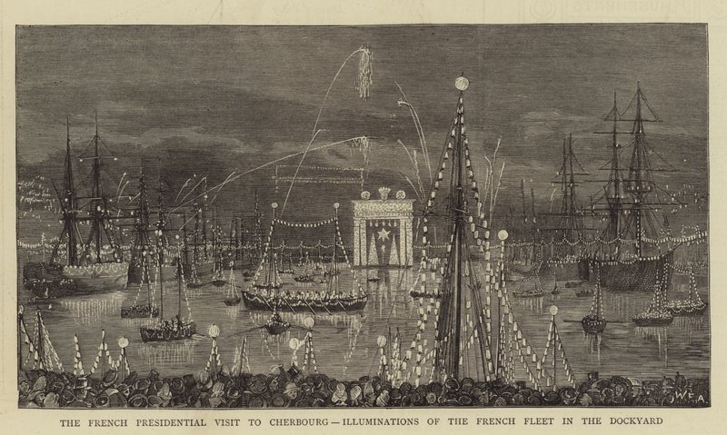 The French Presidential Visit to Cherbourg, Illuminations of the French Fleet in the Dockyard by William Edward Atkins