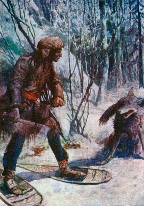 A large wolf bounds towards him, landing almost at his feet by William Henry Charles Groome