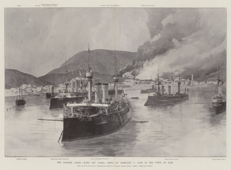 The Eastern Crisis, Scene off Canea, Crete, on 5 February, Part of the Town on Fire by William Heysham Overend