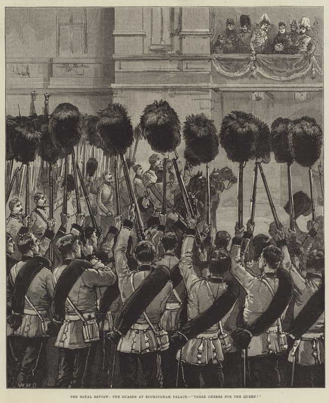 The Royal Review, the Guards at Buckingham Palace, Three Cheers for the Queen! by William Heysham Overend