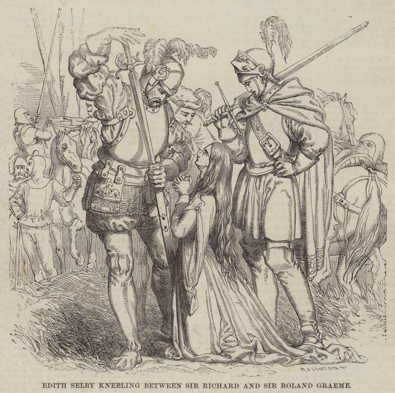 Edith Selby kneeling between Sir Richard and Sir Roland Graeme by William James Linton