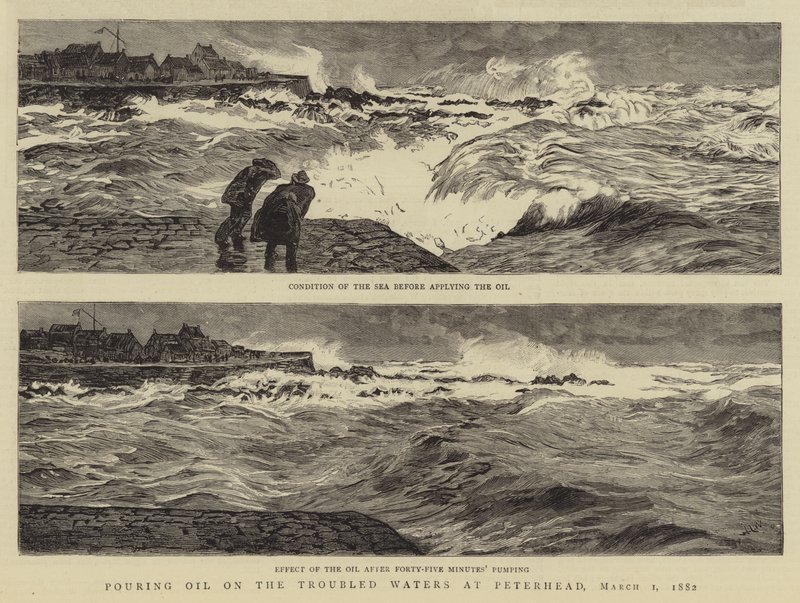 Pouring Oil on the Troubled Waters at Peterhead, 1 March 1882 by William Lionel Wyllie