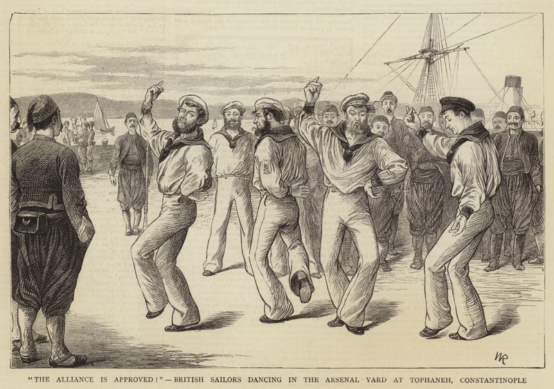 The Alliance is approved!, British Sailors dancing in the Arsenal Yard at Tophaneh, Constantinople by William Ralston
