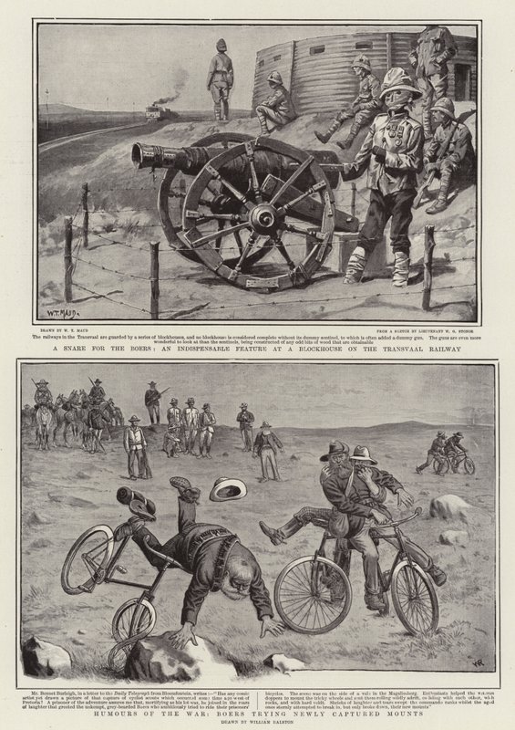 A Snare for the Boers, an Indispensable Feature at a Blockhouse on the Transvaal Railway, Humours of the War, Boers trying newly captured Mounts by William T. Maud