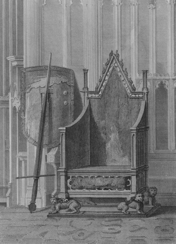 The Coronation Chair of the English Sovereigns, with the Shield and Sword of State of Edward the Third, Westminster Abbey by William (after) Capon