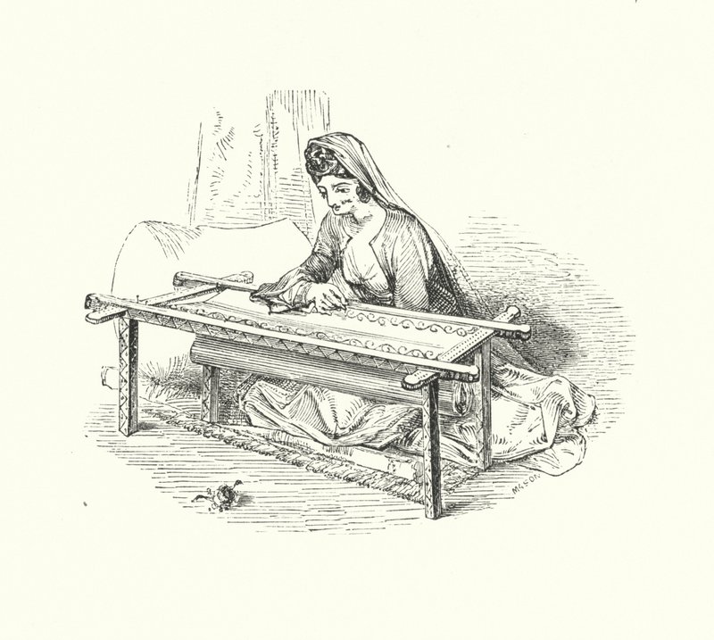 Lady embroidering by William (after) Harvey