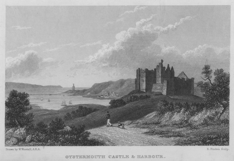 Oystermouth Castle and Harbour by William (after) Westall